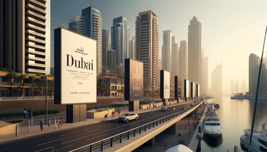 Dubai skyline with branded hoarding along a busy road
